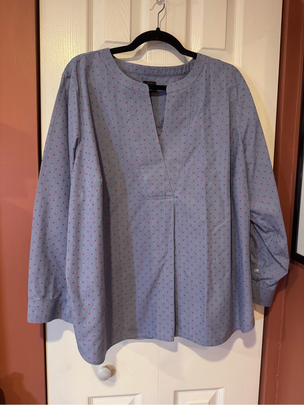Talbots Light Blue Jacquard Tunic with Red Polka Dot Pattern